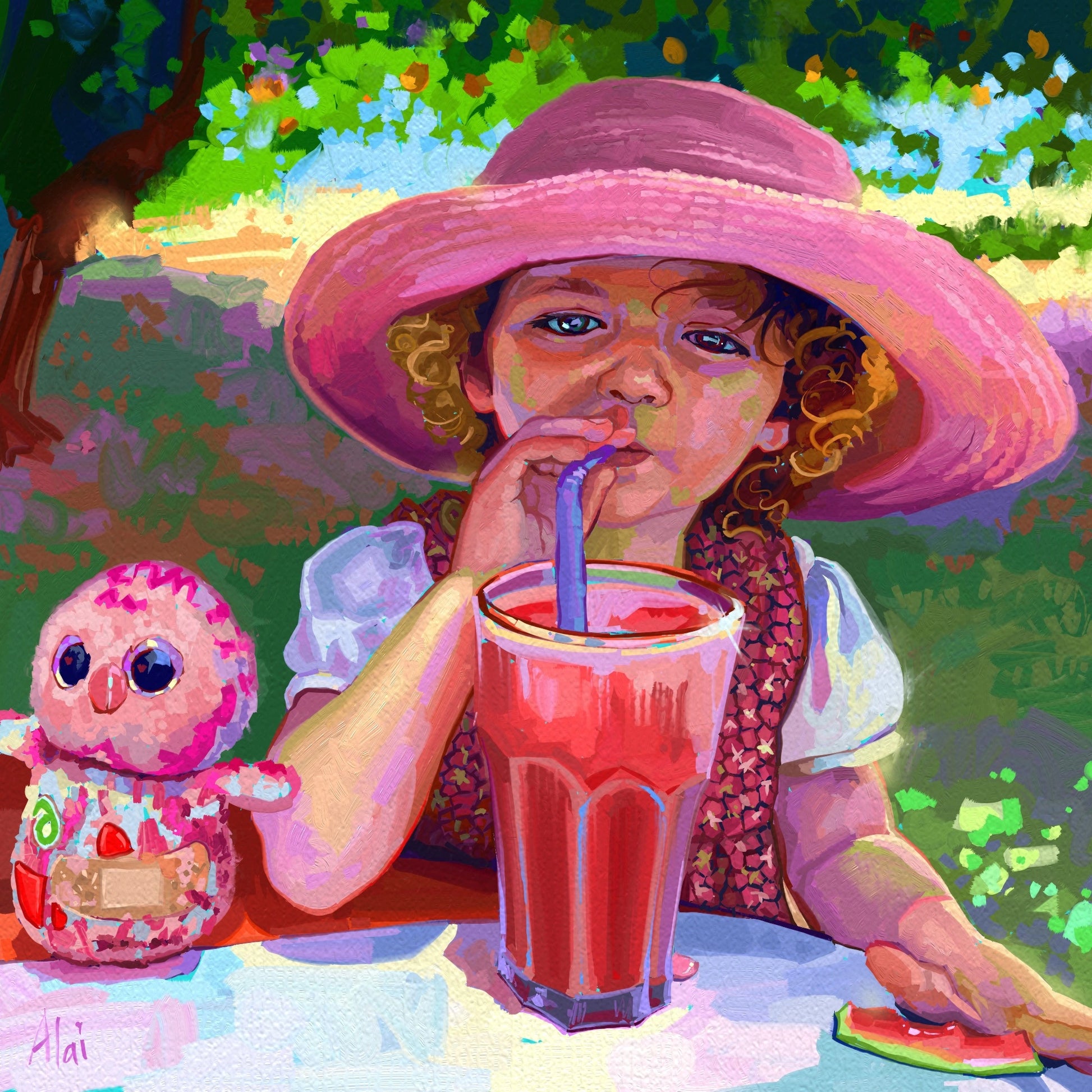 A digital oil-style painting of a young girl with a pink hat drinking a strawberry smoothie. A small pink stuffed owl with a band-aid sits beside her in a sunny garden.