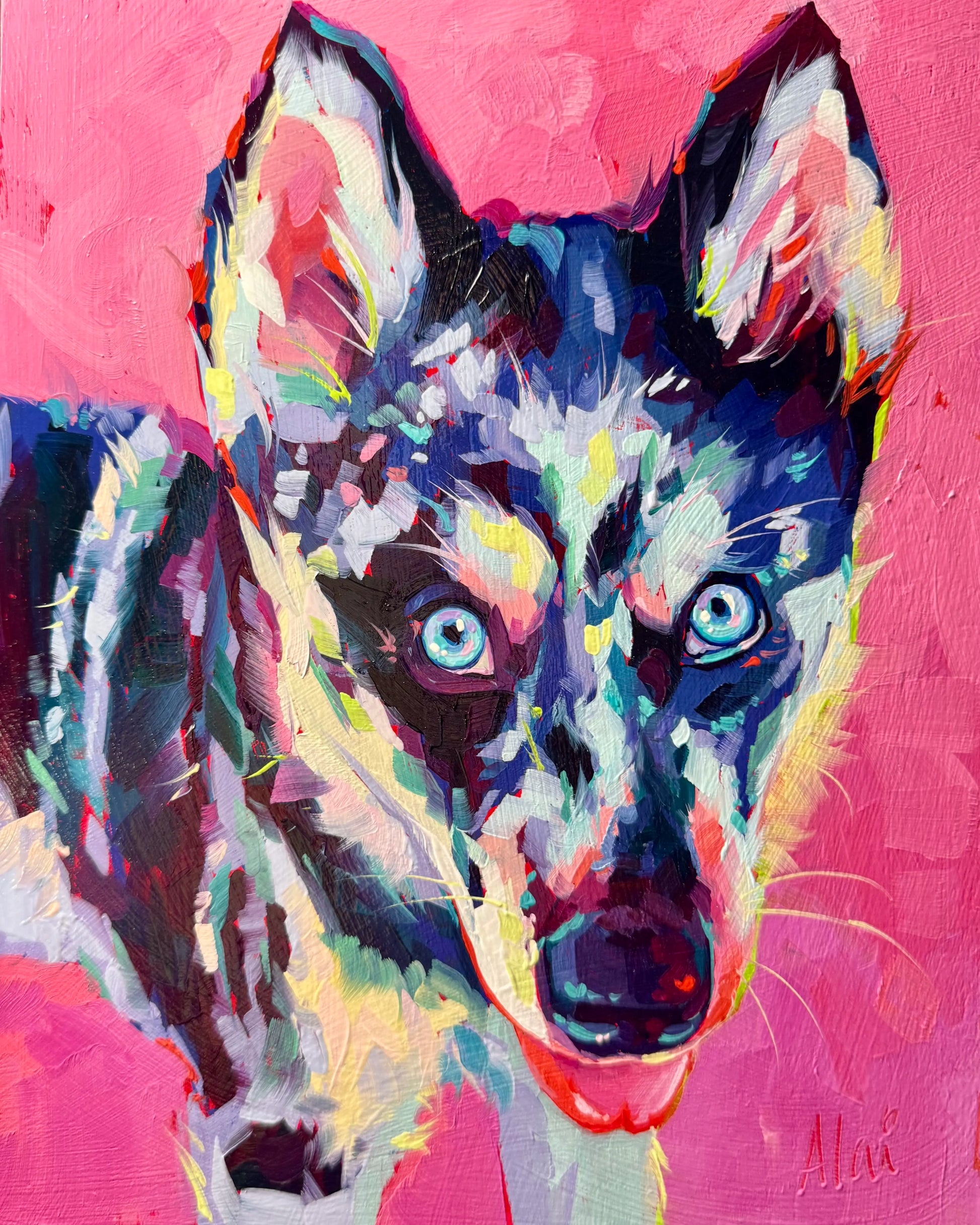 A vibrant oil painting of a Husky-like dog named Suiki. It features bright blue eyes and a pink lipstick smear on the nose against a high-saturation pink background with thick impasto texture.