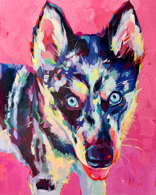 A vibrant oil painting of a Husky-like dog named Suiki. It features bright blue eyes and a pink lipstick smear on the nose against a high-saturation pink background with thick impasto texture.