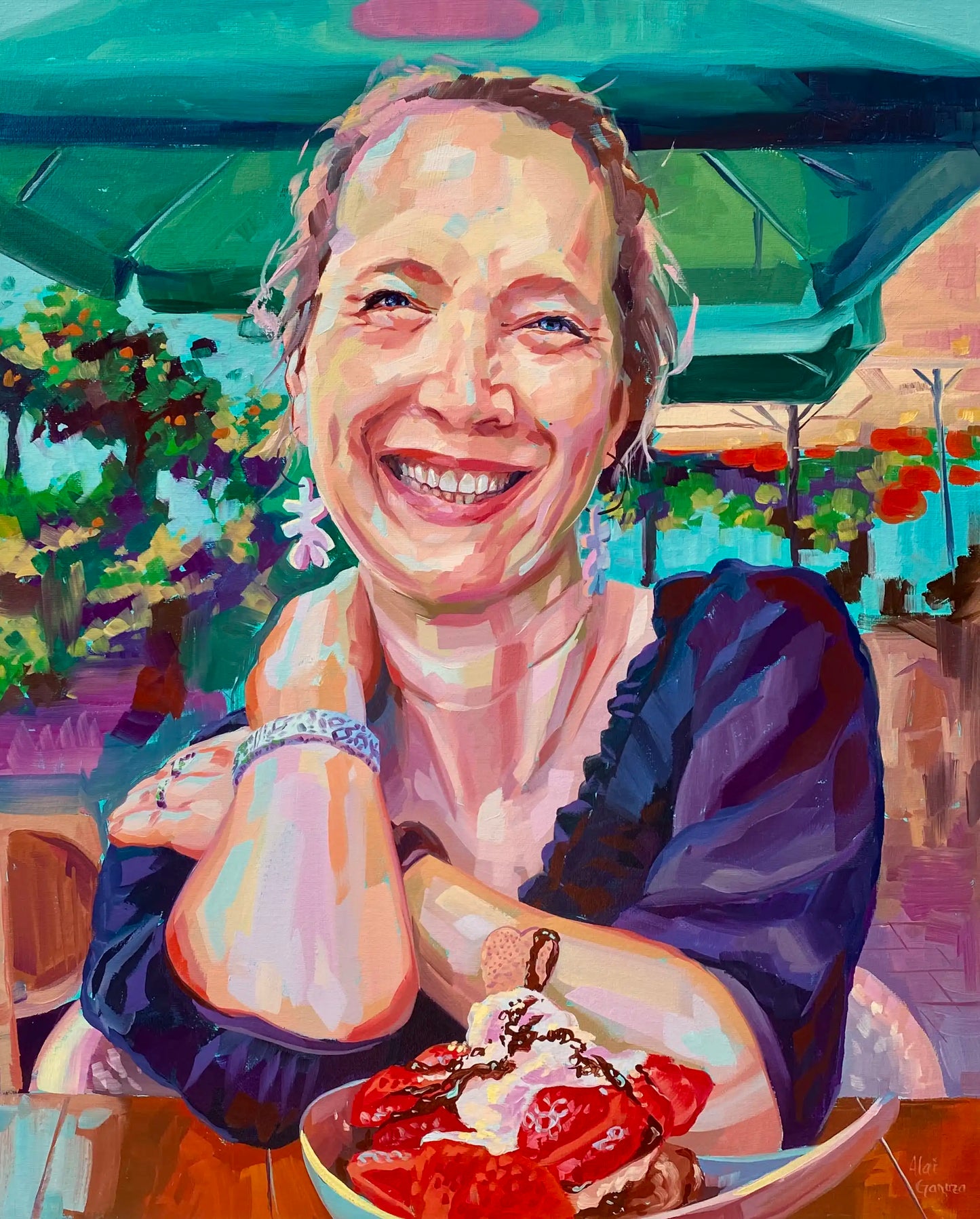 An original oil painting of a woman smiling at an outdoor cafe with a plate of strawberries and cream. The painting features vibrant green and red tones with thick, visible brushstrokes on a wood panel.