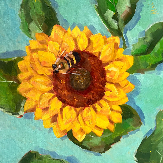 It depicts a vibrant macro still life study of a detailed honeybee resting on a large yellow sunflower. The artwork features thick, blocky impasto oil brushstrokes on canvas, highlighting structured golden petals, a rich reddish-brown floral core, and green leaves against a solid light mint turquoise background.