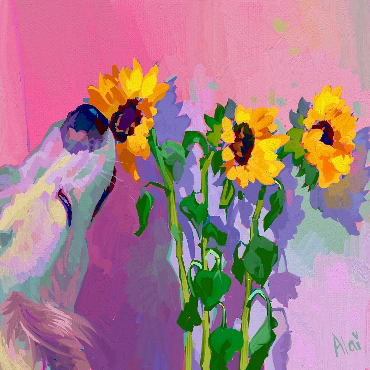 Vibrant digital painting titled Sunlit Curiosity by Alai Ganuza featuring a light-furred dog sniffing three bright yellow sunflowers with purple centers. The scene is rendered in a textured, blocky digital style mimicking oil impasto against a solid hot pink and soft lavender background, with a green signature in the lower right corner.