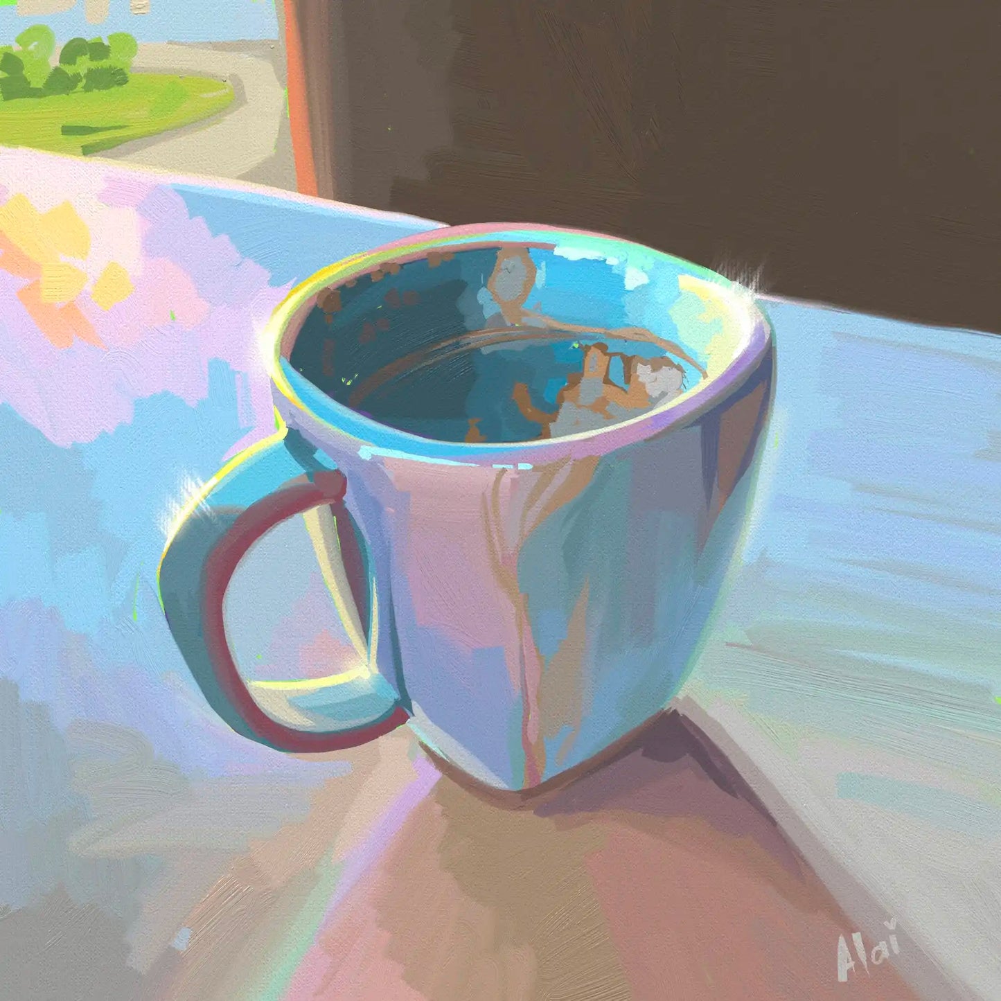Vibrant digital painting of a ceramic coffee mug on a windowsill titled Sunlit Morning Reflection by Alai Ganuza. The glossy mug reflects pastel shades of lavender, pink, and light blue, illuminated by a bright yellow rim of sunlight. The scene features blocky, oil-impasto style digital brushstrokes with dark shadows and a white signature in the corner.