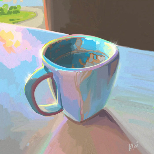 Vibrant digital painting of a ceramic coffee mug on a windowsill titled Sunlit Morning Reflection by Alai Ganuza. The glossy mug reflects pastel shades of lavender, pink, and light blue, illuminated by a bright yellow rim of sunlight. The scene features blocky, oil-impasto style digital brushstrokes with dark shadows and a white signature in the corner.