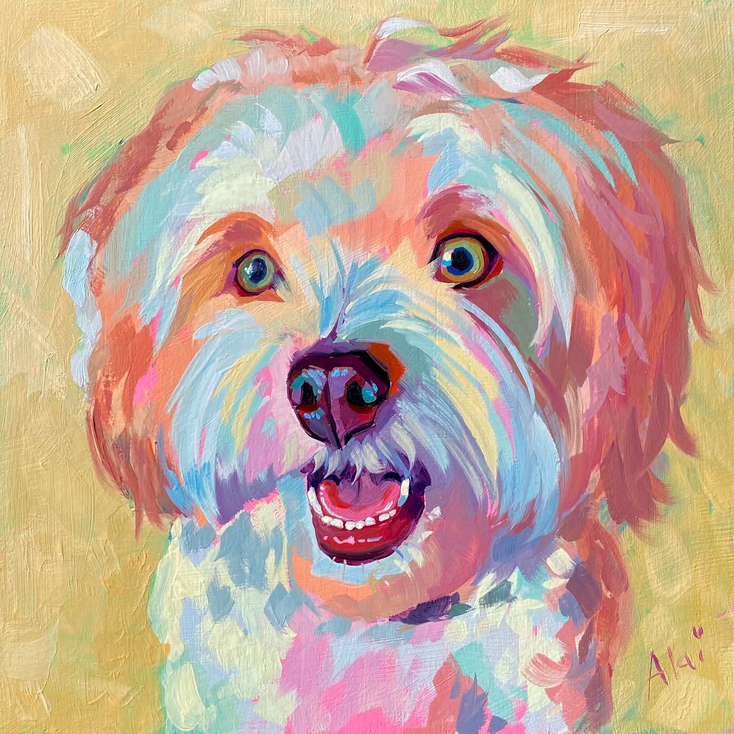 An original 8x8 oil painting of a happy fluffy white and cream dog with its tongue out. Painted with thick textures against a soft yellow background on a wood panel.