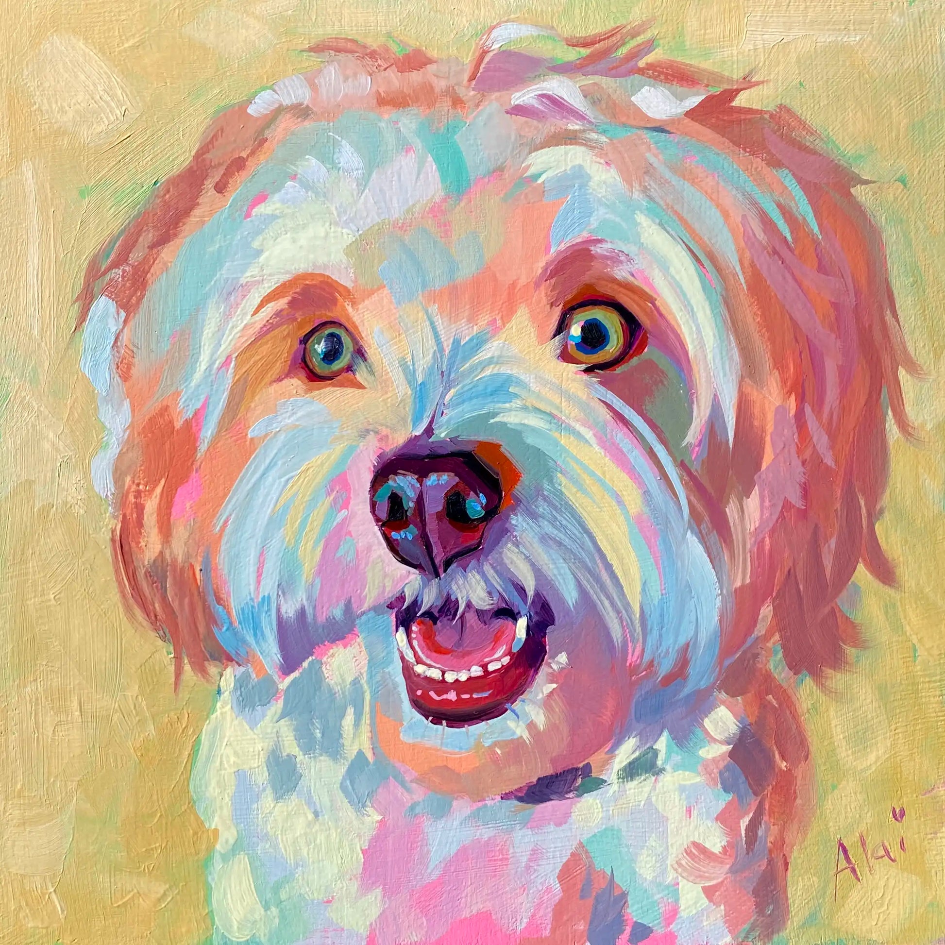 An original 8x8 oil painting of a happy fluffy white and cream dog with its tongue out. Painted with thick textures against a soft yellow background on a wood panel.