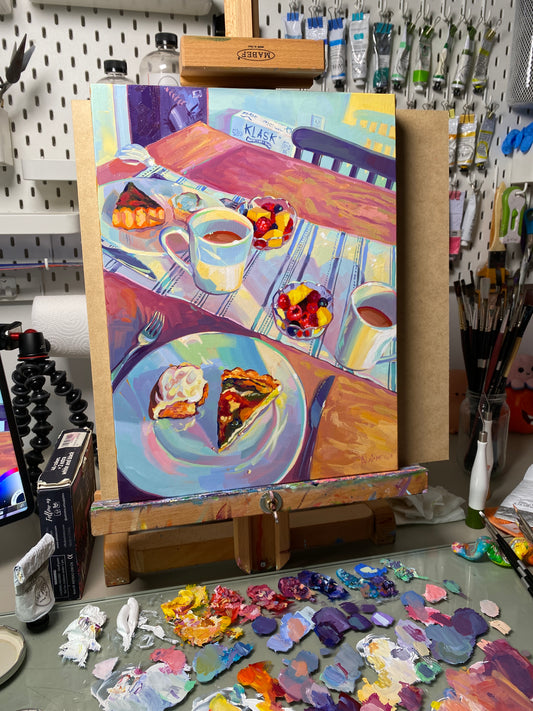 A high-contrast prismatic oil painting titled 'Sunny Breakfast' by Alai Ganuza, featuring a kitchen scene with vibrant yellows, electric blues, and thick impasto texture on a wood panel.