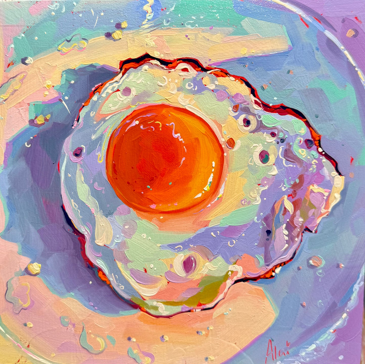 Original 20x20 cm oil painting by Alai Ganuza titled "Sunny Egg." A fried egg with a glowing orange yolk and vibrant impasto brushstrokes in neon mint, lavender, and teal against a soft violet background.