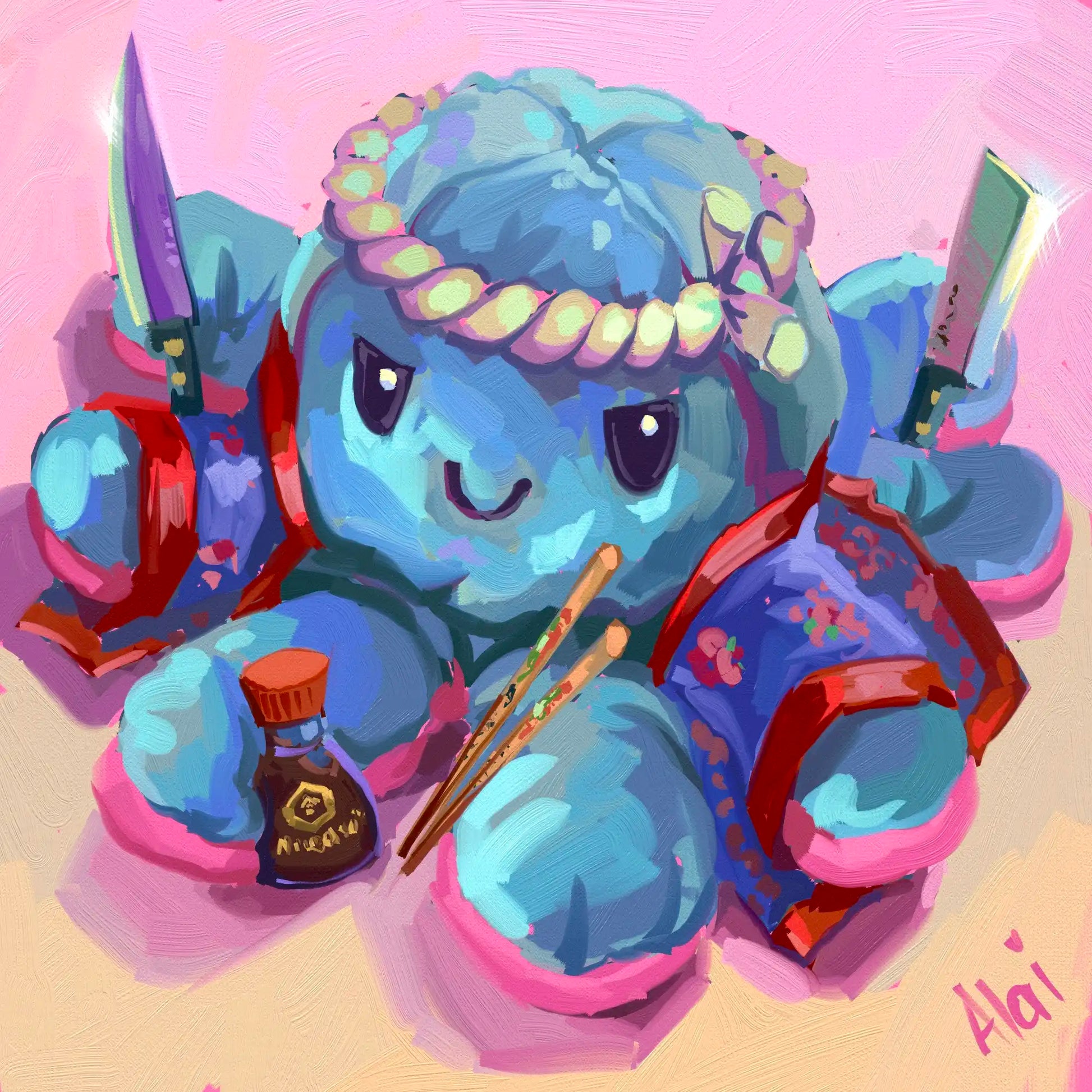 Vibrant digital painting titled Sushi Chef Octopus Plushie by Alai Ganuza featuring a cute blue octopus plush toy dressed as a chef. The character wears a headband and a floral kimono while holding a knife, cleaver, soy sauce bottle, and chopsticks. The scene is rendered in a blocky, impasto digital style against a pink background, with a magenta signature in the corner.