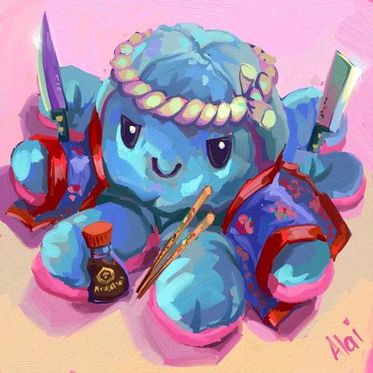 Vibrant digital painting titled Sushi Chef Octopus Plushie by Alai Ganuza featuring a cute blue octopus plush toy dressed as a chef. The character wears a headband and a floral kimono while holding a knife, cleaver, soy sauce bottle, and chopsticks. The scene is rendered in a blocky, impasto digital style against a pink background, with a magenta signature in the corner.