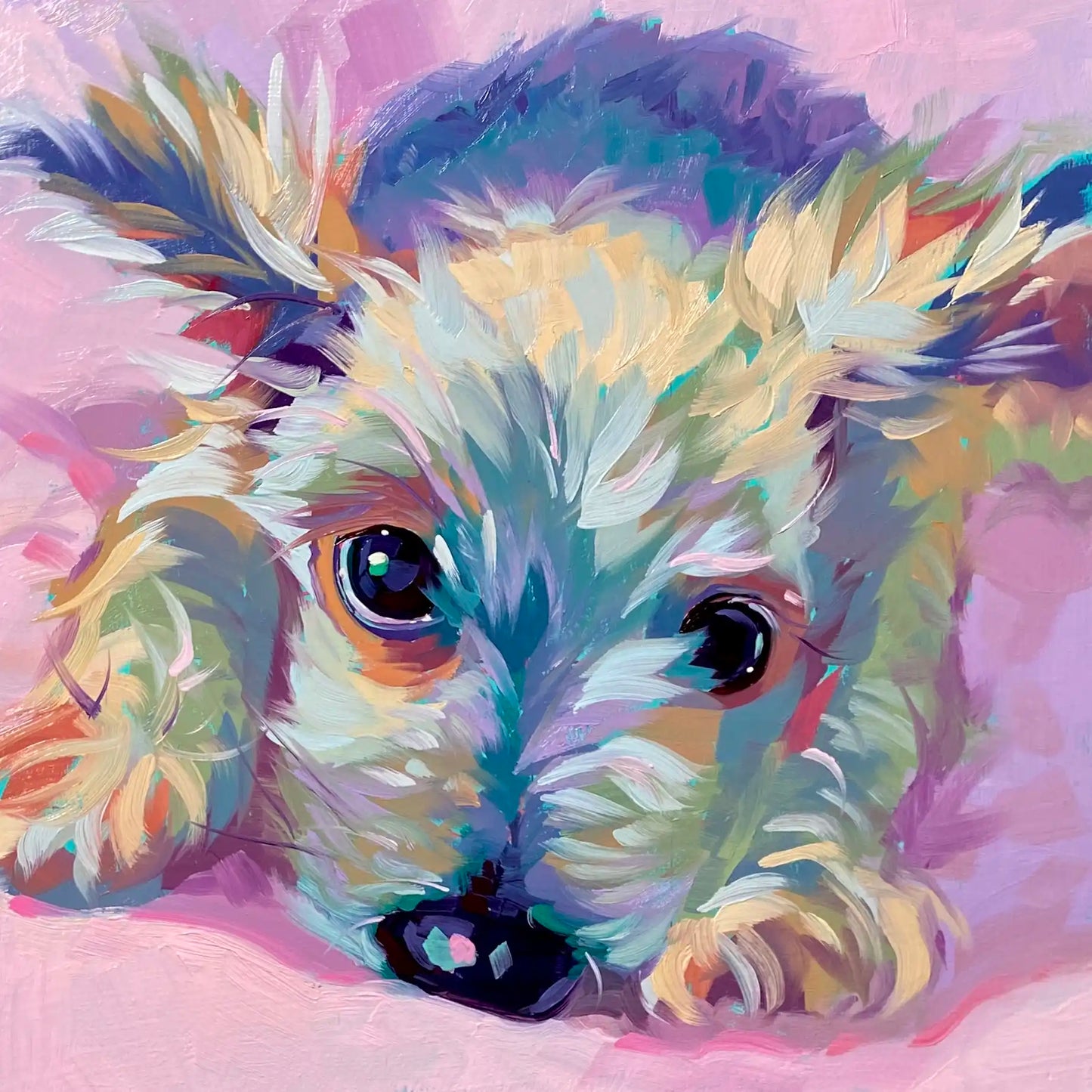 An original 8x8 oil painting of a dog looking up with a sweet, gentle expression. Painted with thick impasto brushstrokes and vibrant highlights on a square studio canvas.