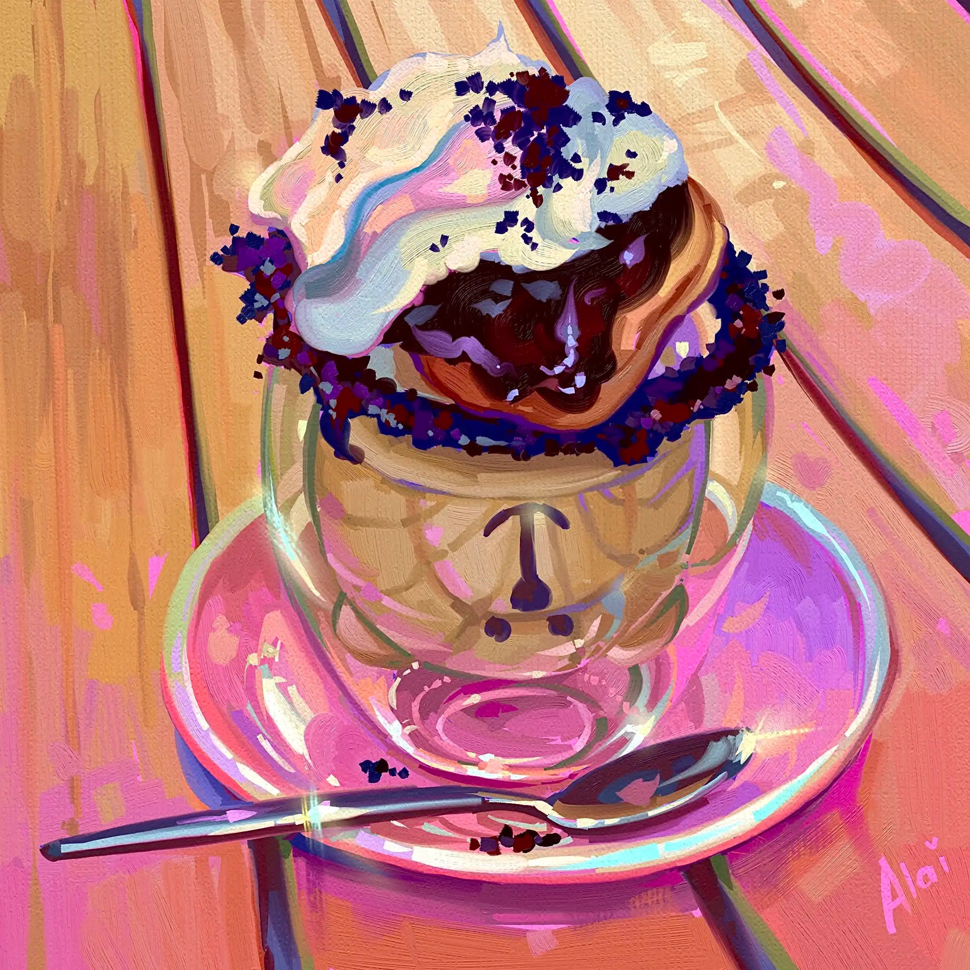 Vibrant digital still life painting titled Sweet Indulgence by Alai Ganuza. A double-walled glass cup filled with dark chocolate dessert and whipped cream sits on a bright pink saucer with a silver spoon. The scene is rendered in a textured, blocky digital style mimicking oil impasto on a warm wooden table background, featuring a pink signature in the corner.