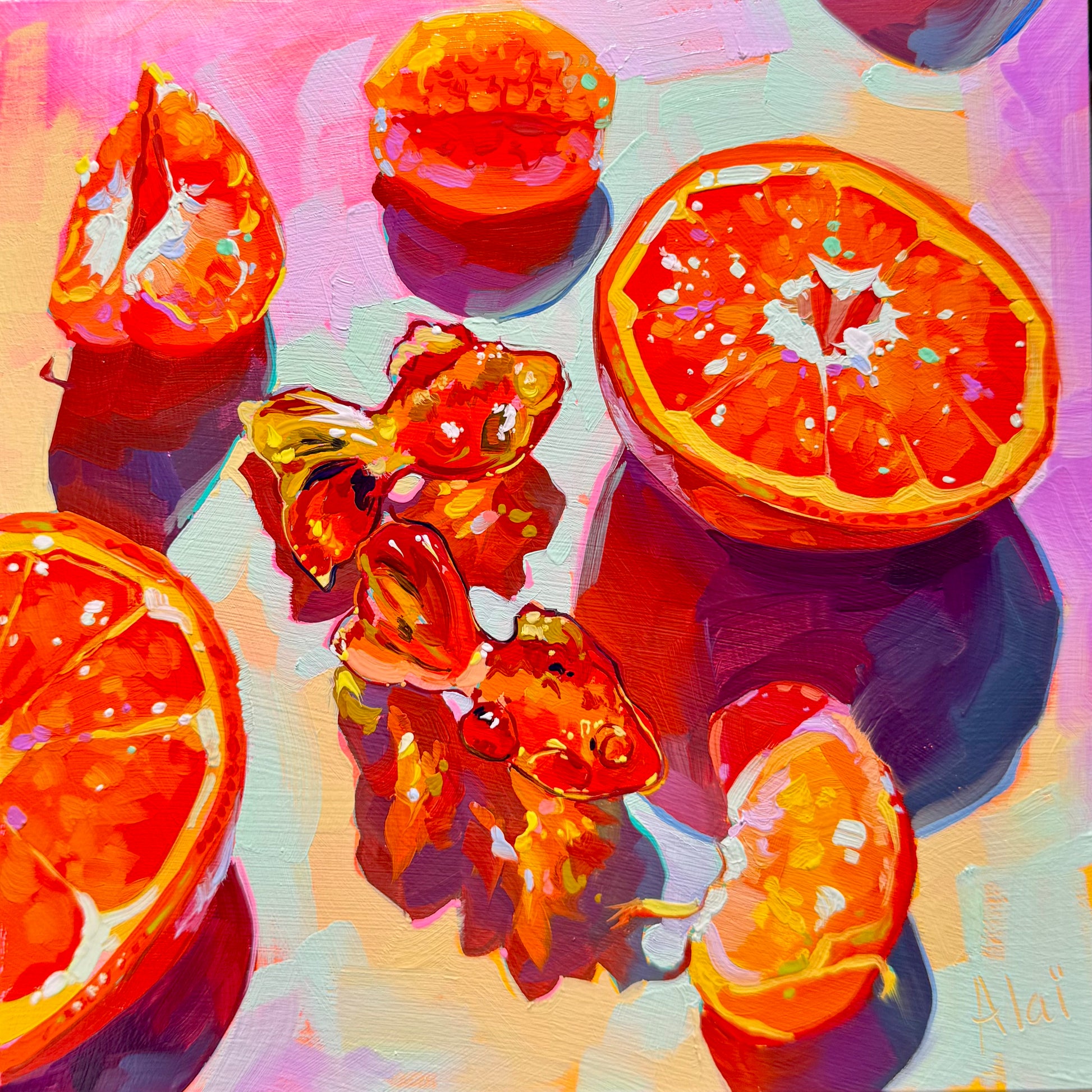 A square 20x20 cm original oil painting. The composition features several bright orange slices and segments scattered across a vibrant pink and mint green surface. In the center, two small goldfish are rendered in the same fiery orange and red tones as the fruit, appearing to morph out of the citrus. Each element casts a deep, saturated violet and magenta shadow. I used thick, sculptural impasto brushwork, creating raised ridges that give the fruit and fish a physical, 3D volume.