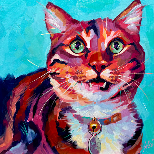 A high-contrast oil painting of a cat named Sweet Potato, featuring a tiny heart in her green eyes, reddish fur with spectral highlights, and a vibrant teal background with thick impasto texture.
