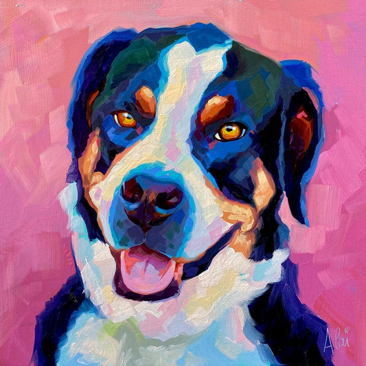 A vibrant oil painting of a tricolor Greater Swiss Mountain Dog named Tabby. It features a high-contrast magenta background, thick impasto texture, and luminous highlights in the eyes.