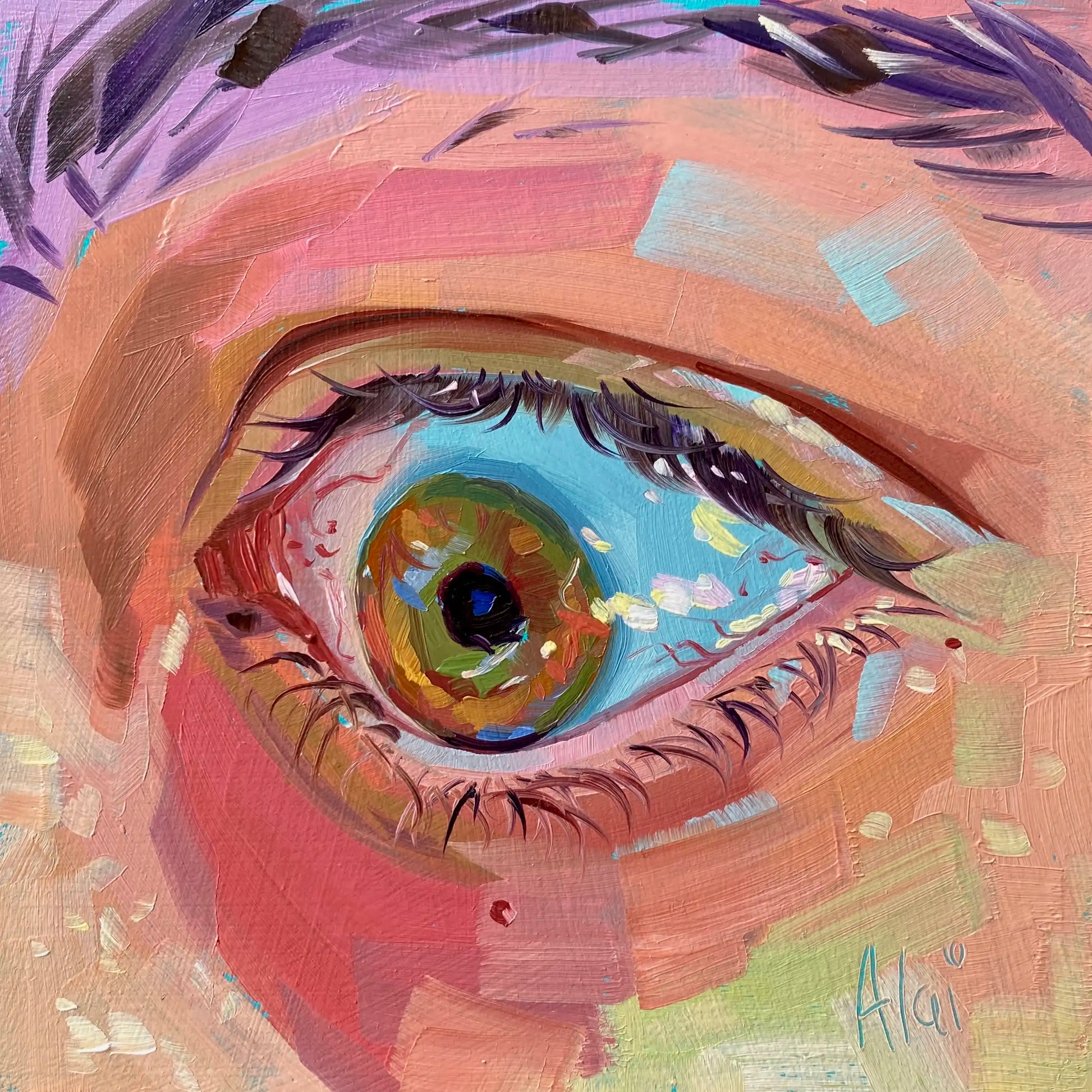 A square close-up digital painting titled "The Artist's Gaze II," depicting a wide-open eye rendered in a highly textured, blocky digital style mimicking traditional oil paint. The iris is composed of layered strokes of amber, yellow ochre, and mossy green around a dark pupil, while the sclera of the eye is a striking sky blue color. The surrounding skin, eyelids, and under-eye area are formed from visible, thick facets of peach, terracotta, coral pink, lavender, and soft mint green. 