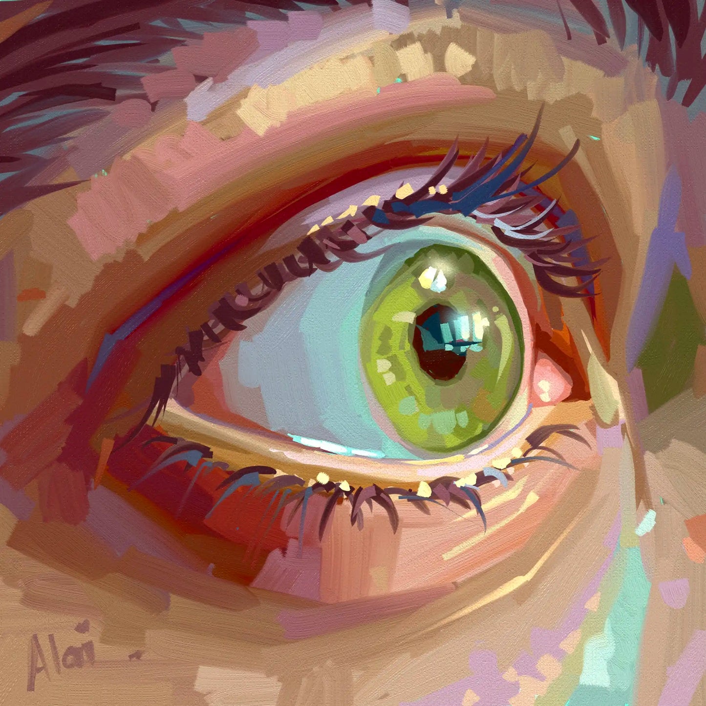 An extreme close-up digital painting of a vibrant green eye, a self-portrait study by Alai Ganuza. The iris is rendered in bright lime and chartreuse green with detailed window reflections in the pupil. The surrounding skin, eyelids, and brow are constructed using bold, visible, blocky digital brushstrokes that mimic traditional oil paint impasto, incorporating unexpected pops of lavender, mint, and terracotta. The artist's signature "Alai" is visible in the bottom-left corner.