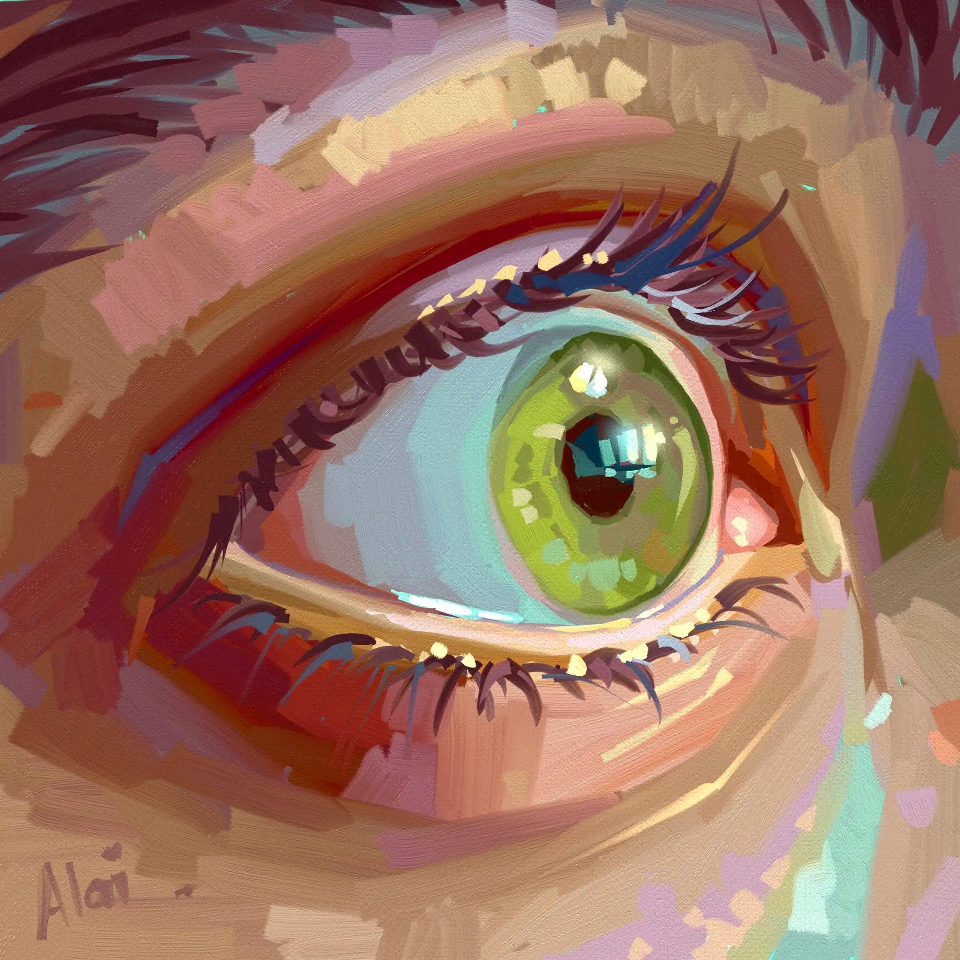An extreme close-up digital painting of a vibrant green eye, a self-portrait study by Alai Ganuza. The iris is rendered in bright lime and chartreuse green with detailed window reflections in the pupil. The surrounding skin, eyelids, and brow are constructed using bold, visible, blocky digital brushstrokes that mimic traditional oil paint impasto, incorporating unexpected pops of lavender, mint, and terracotta. The artist's signature "Alai" is visible in the bottom-left corner.