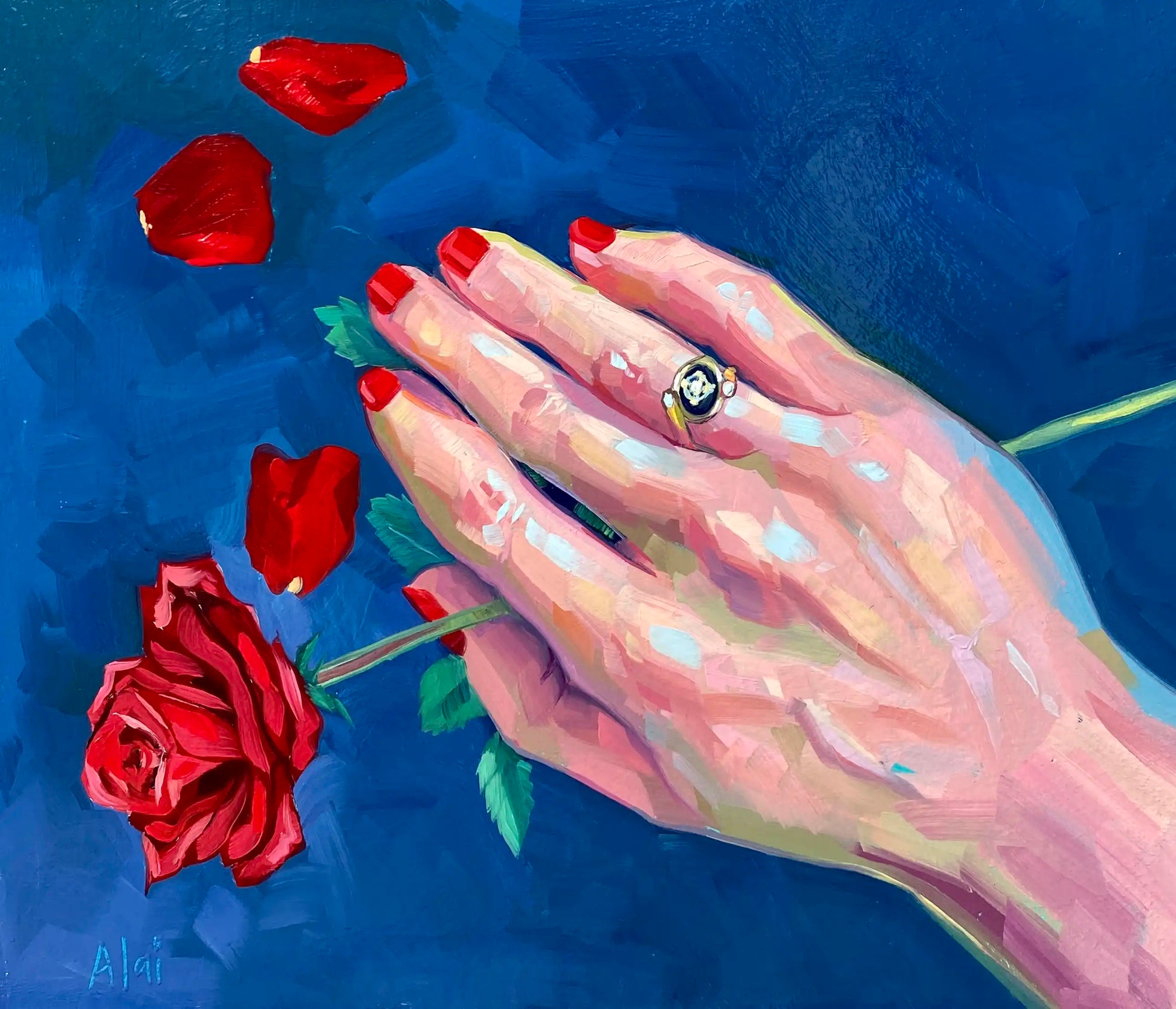 An original 10x12 oil painting of a woman's hand wearing an antique gem ring and holding a red rose stem. Three red petals float against a deep, textured indigo blue background.