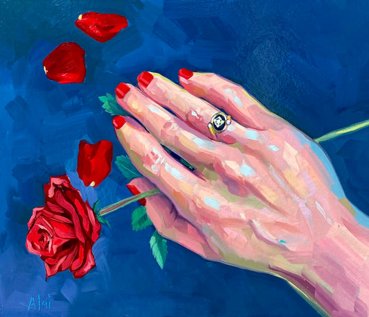 An original 10x12 oil painting of a woman's hand wearing an antique gem ring and holding a red rose stem. Three red petals float against a deep, textured indigo blue background.