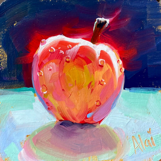 An expressive oil painting featuring a close-up of a red apple with warm orange and yellow highlights. The apple is covered in small, stylized circular droplets and sits on a light mint-green surface with a soft purple shadow. The background contrasts sharply with thick, dark blue and crimson brushstrokes, and a golden signature "Alai" is visible in the bottom right corner.