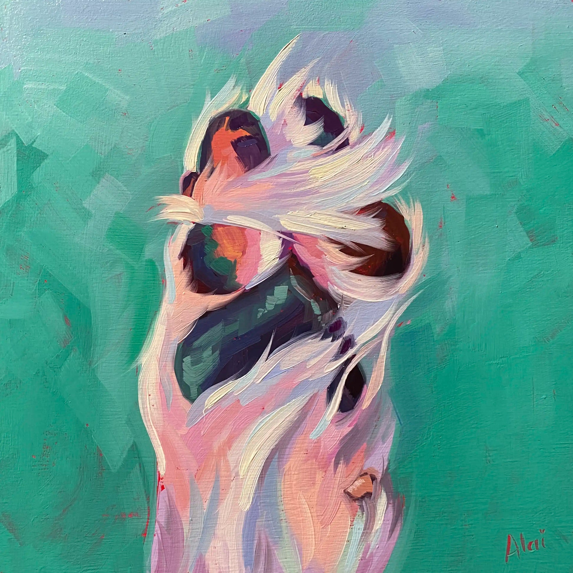 An original 8x8 oil painting of a dog's paw seen from underneath, showcasing pink toe pads and fluffy white fur. Set against a solid, vibrant teal background with thick painterly strokes.