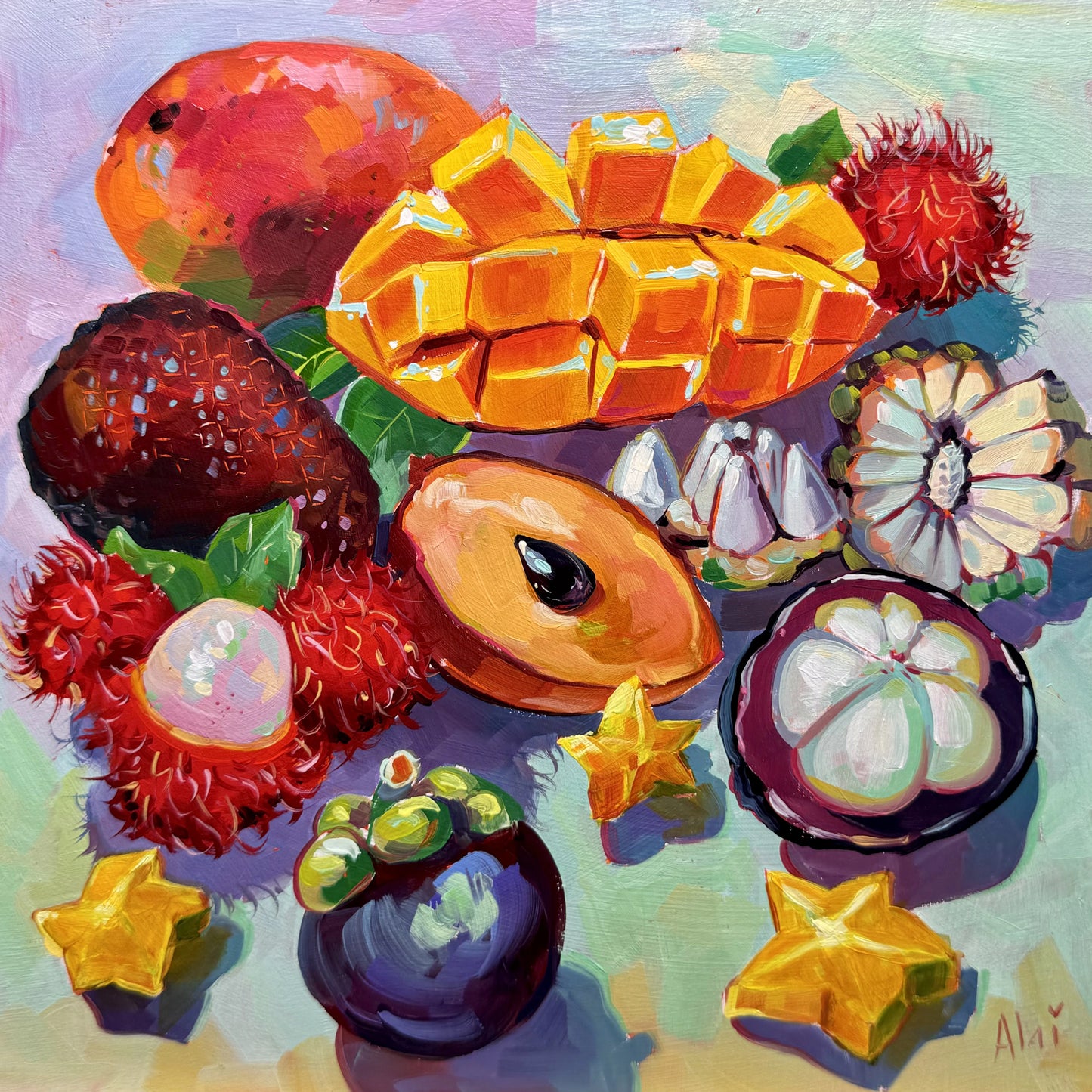 A high-contrast oil painting of exotic fruits including mangosteen and snake fruit (salak) on a wood panel, featuring thick impasto texture, spectral highlights, and Alai Ganuza's signature vibrant hues.