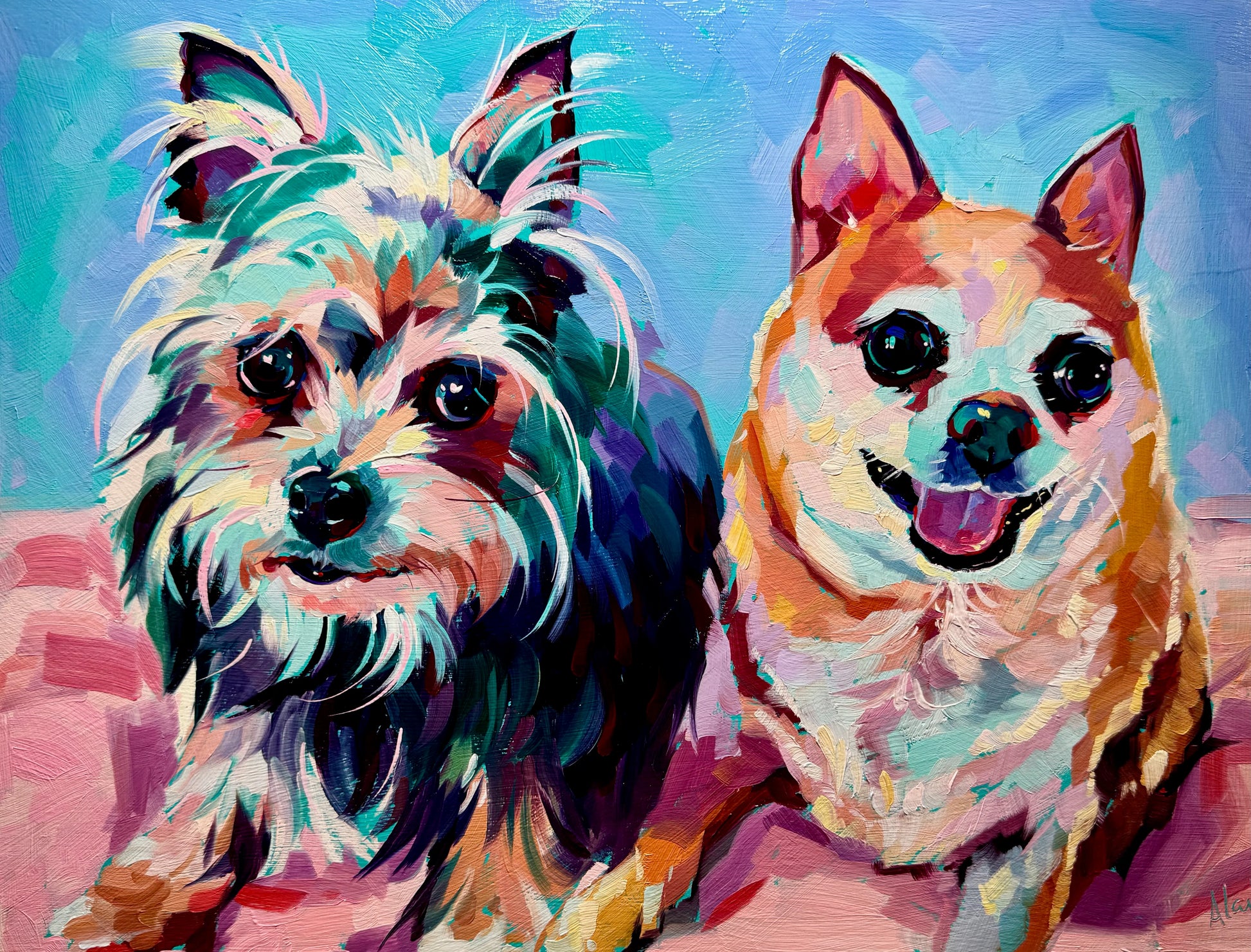 A high-contrast chromatic oil painting of two dogs laying side-by-side, featuring thick impasto texture, coral and orange fur highlights, and a vibrant blue background on a 12x16 wood panel.