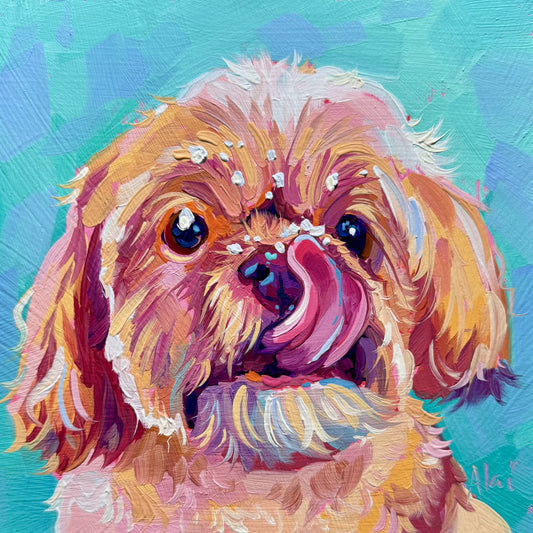 A high-contrast oil painting of a small tan dog with white whipped cream on its face and its tongue out against a vibrant teal background with thick impasto texture.