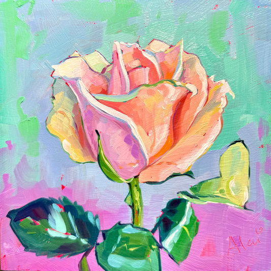 Original 15x15 cm oil painting of a single rose by Alai Ganuza. The petals feature peach, pink, and white highlights with thick sculptural impasto texture against a mint green and magenta background.