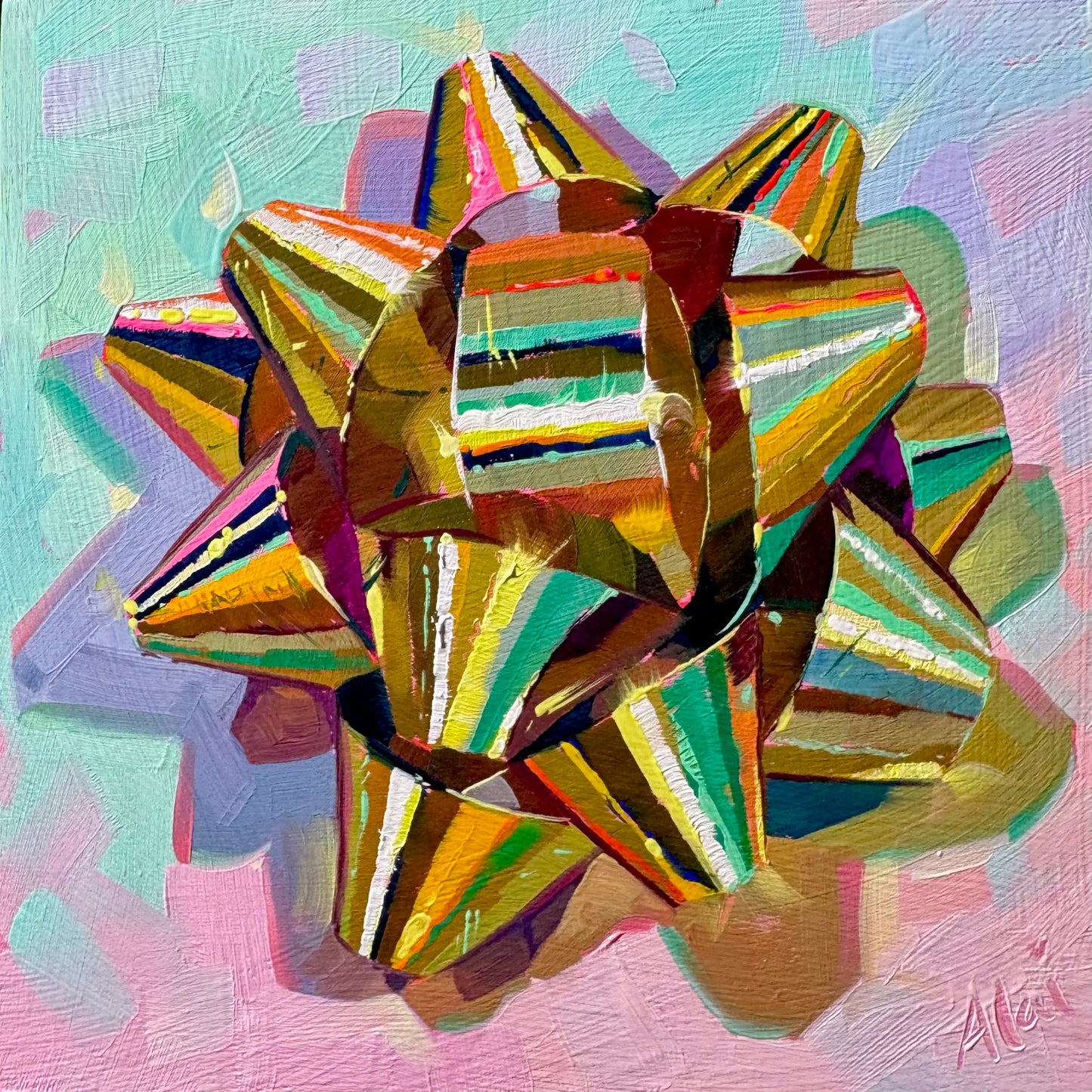 A high-contrast original oil painting of a metallic gold gift bow. It features vibrant rainbow-colored glares, thick impasto texture, and a soft pastel background on a 6x6 wood panel.