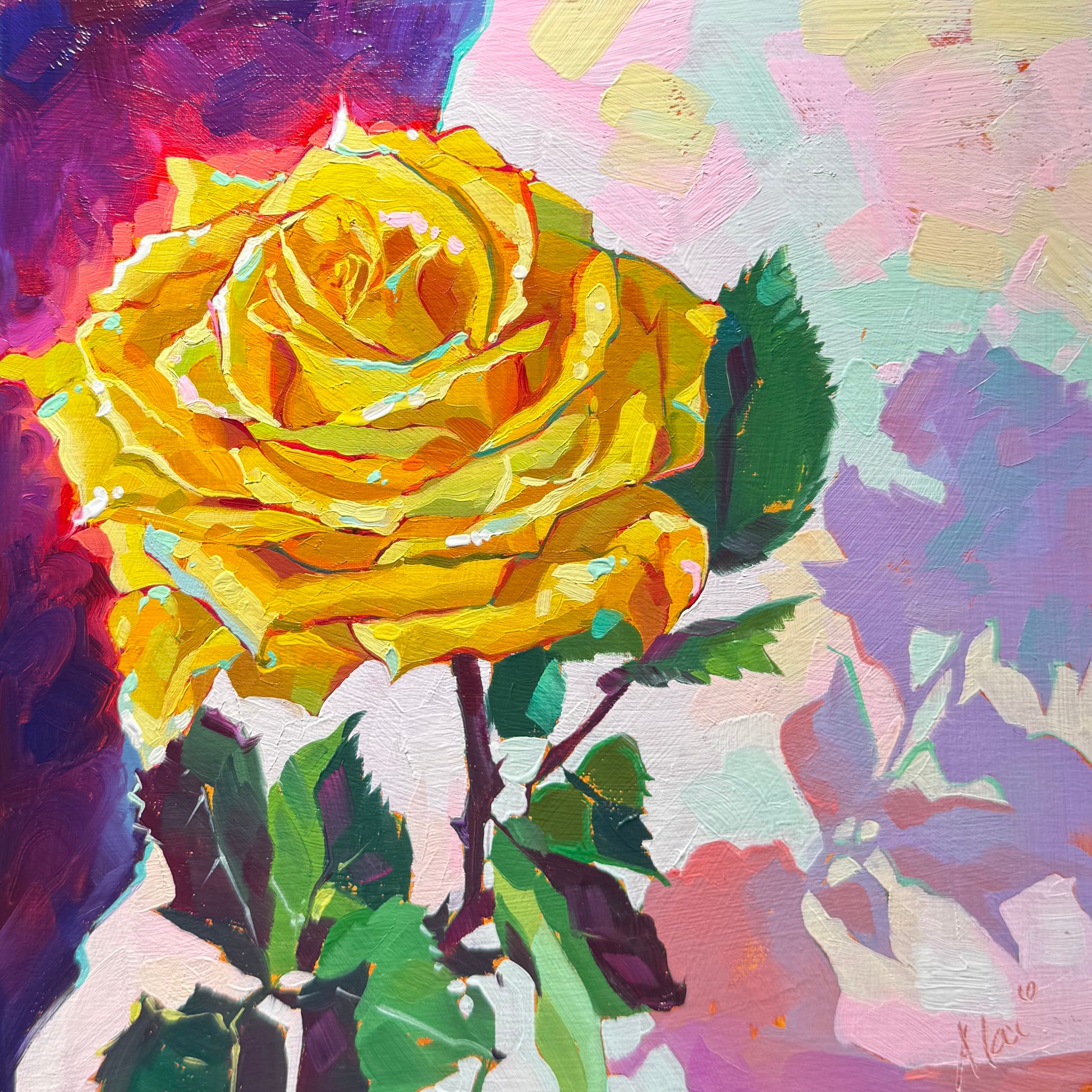 A square 20x20 cm original oil painting of a single, large yellow rose. The petals are rendered with thick, raised brushstrokes in shades of bright cadmium yellow and warm orange, with small cyan and white highlights. On the left side, the background is a deep, solid violet and magenta, creating a sharp contrast. On the right, the background is a soft mosaic of pale pink, lavender, and light blue strokes. The rose sits on a dark stem with green leaves featuring deep burgundy and purple accents.