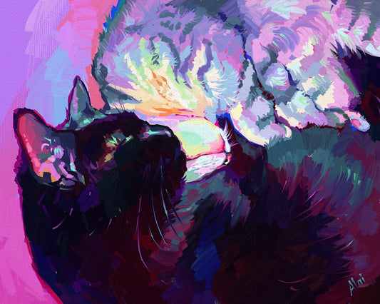 A digital oil painting style portrait of two cats snuggling in a Ying Yang shape. One cat is black with blue highlights and the other is light with purple and pink tones. The background is a vibrant magenta.