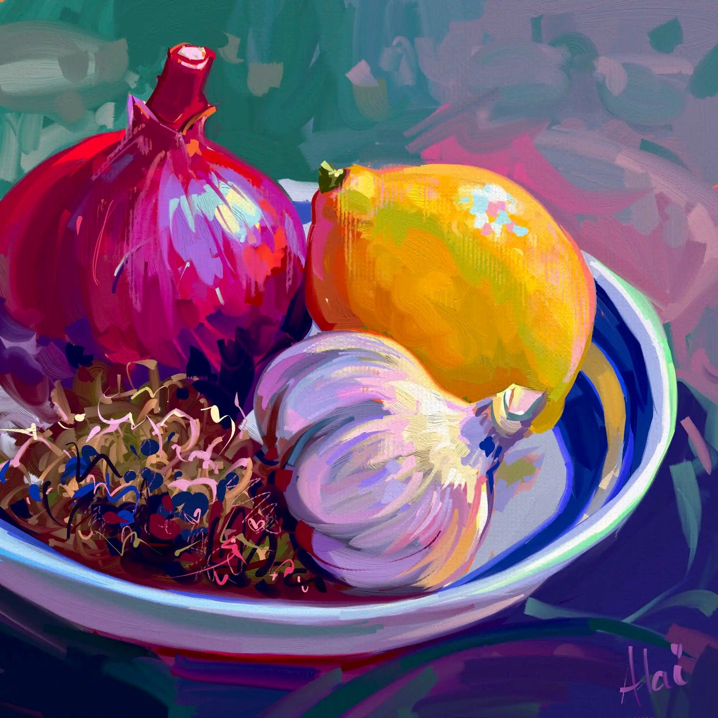 Vibrant digital still life painting titled Zesty Elements by Alai Ganuza. A white and blue bowl on a dark surface holds a glossy red onion, a bright yellow lemon, a bulb of garlic with purple highlights, and a cluster of sprouts. The scene features blocky, oil-impasto style digital brushstrokes with deep violet shadows and a purple signature in the corner.