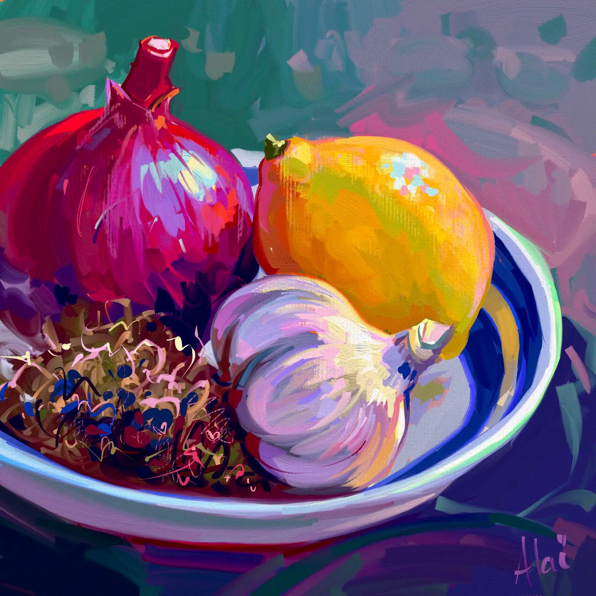 Vibrant digital still life painting titled Zesty Elements by Alai Ganuza. A white and blue bowl on a dark surface holds a glossy red onion, a bright yellow lemon, a bulb of garlic with purple highlights, and a cluster of sprouts. The scene features blocky, oil-impasto style digital brushstrokes with deep violet shadows and a purple signature in the corner.