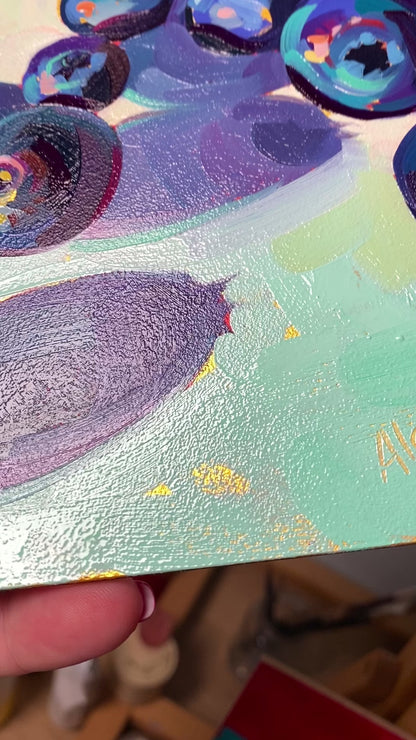 Golden Blueberries - Original Oil Painting - Fruit Art on Aluminum - 6 inches