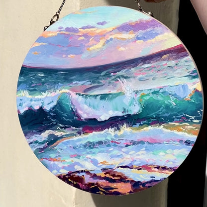 Day/Night Reversible Landscape - Original Oil Painting - Round Seascape - 8 inches