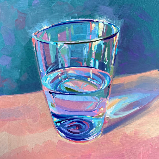 Original oil painting by Alai Ganuza titled "Glass of water IV". A clear glass of water rendered in thick impasto with teal, purple, and blue reflections, casting a soft blue and lavender shadow on a warm peach and pink surface.