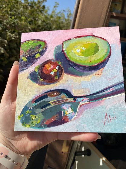 Avocado and Spoon II - Original Oil Painting - Kitchen Art - 6 inches