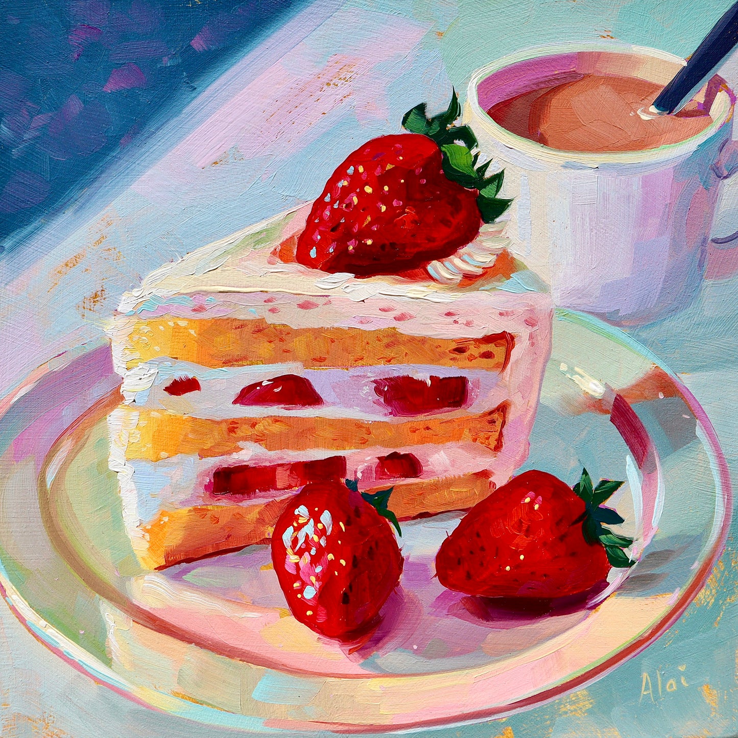 Original oil painting by Alai Ganuza titled "Strawberry shortcake". A slice of layered cake with white frosting and red strawberry filling, served with two fresh strawberries on a plate and a cup of coffee against a textured blue background.