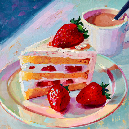 Original oil painting by Alai Ganuza titled "Strawberry shortcake". A slice of layered cake with white frosting and red strawberry filling, served with two fresh strawberries on a plate and a cup of coffee against a textured blue background.