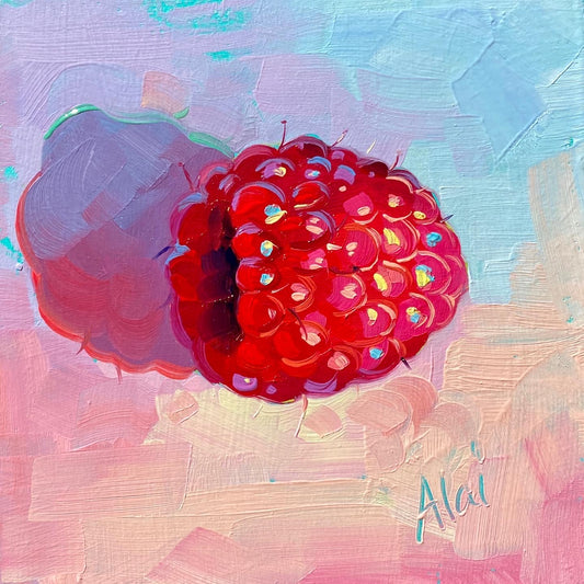 Original oil painting by Alai Ganuza titled "Single Raspberry". A single bright red raspberry with cyan and yellow highlights, casting a deep purple shadow on a heavily textured pastel pink and blue background.