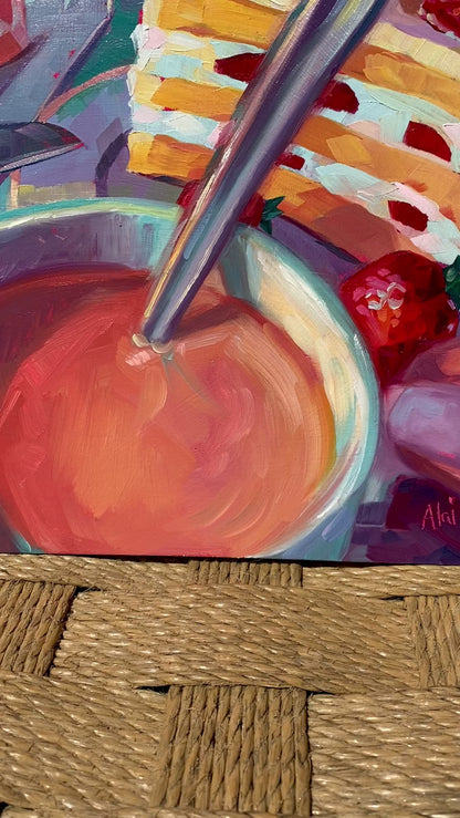 Strawberry Shortcake Meal - Original Oil Painting - Dessert Art - 16 inches