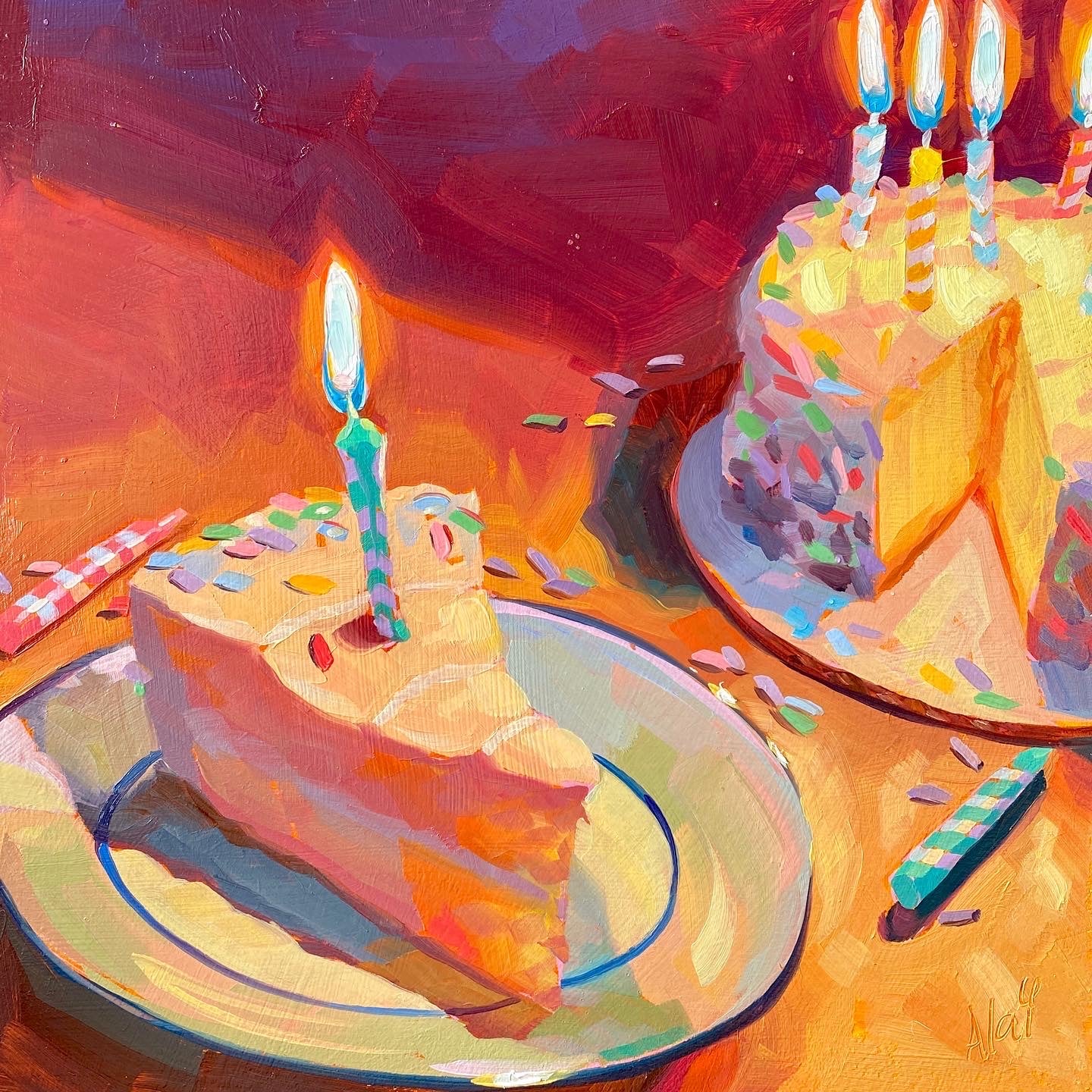 Original oil painting by Alai Ganuza titled "Birthday cake!". A slice of yellow cake with pink frosting and a lit teal candle on a plate, alongside a larger cake with candles and sprinkles, rendered in thick impasto brushwork.