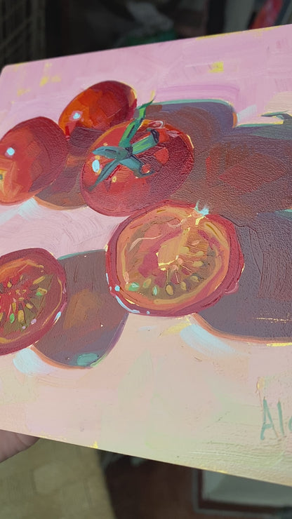 Cherry Tomatoes in Gold - Original Oil Painting - Kitchen Art - 6 inches