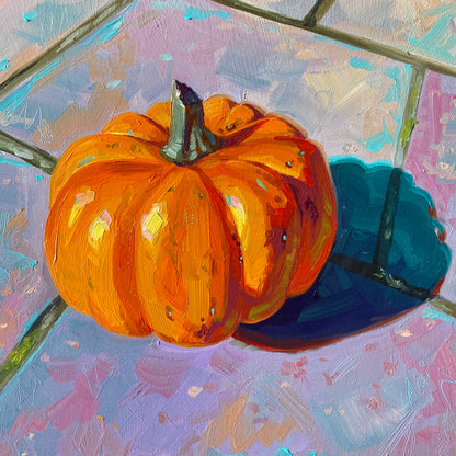 Original oil painting by Alai Ganuza titled "Pumpkin in violet floor". A bright orange pumpkin with a green stem sits on lavender and violet tiles, rendered in thick impasto with vibrant yellow and cyan highlights and a deep teal shadow.