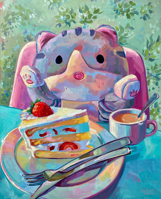 Original oil painting by Alai Ganuza titled "Kitty plushie having a tea party". A round, grey tabby cat plushie with raised paws sits in a pink chair at a blue table, eager to eat a slice of strawberry layer cake and drink from a pink teacup, set against a floral green background.