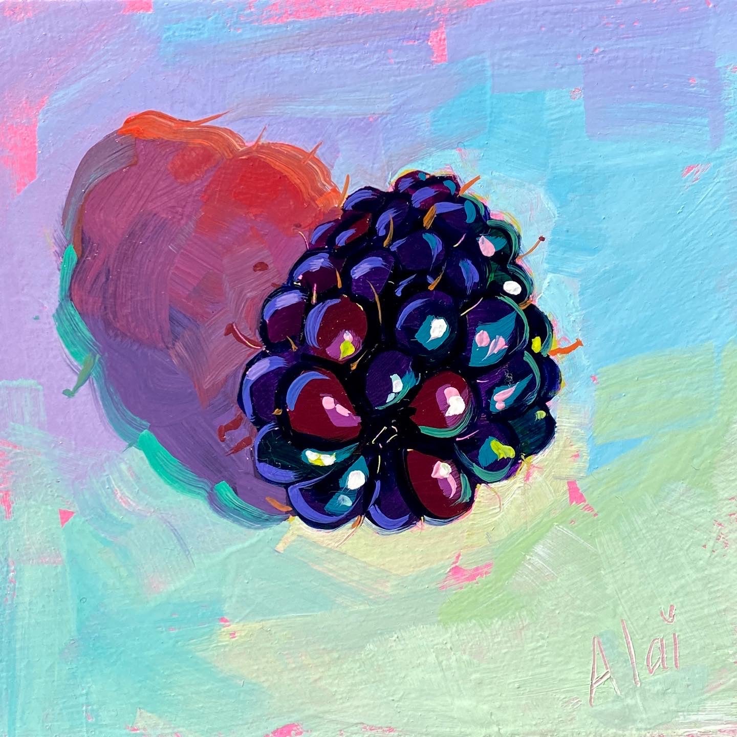 Original oil painting by Alai Ganuza titled "Single Blackberry". A single plump, dark purple blackberry with bright highlights, casting a deep reddish-purple shadow on a textured pastel blue and green background with pink flecks.