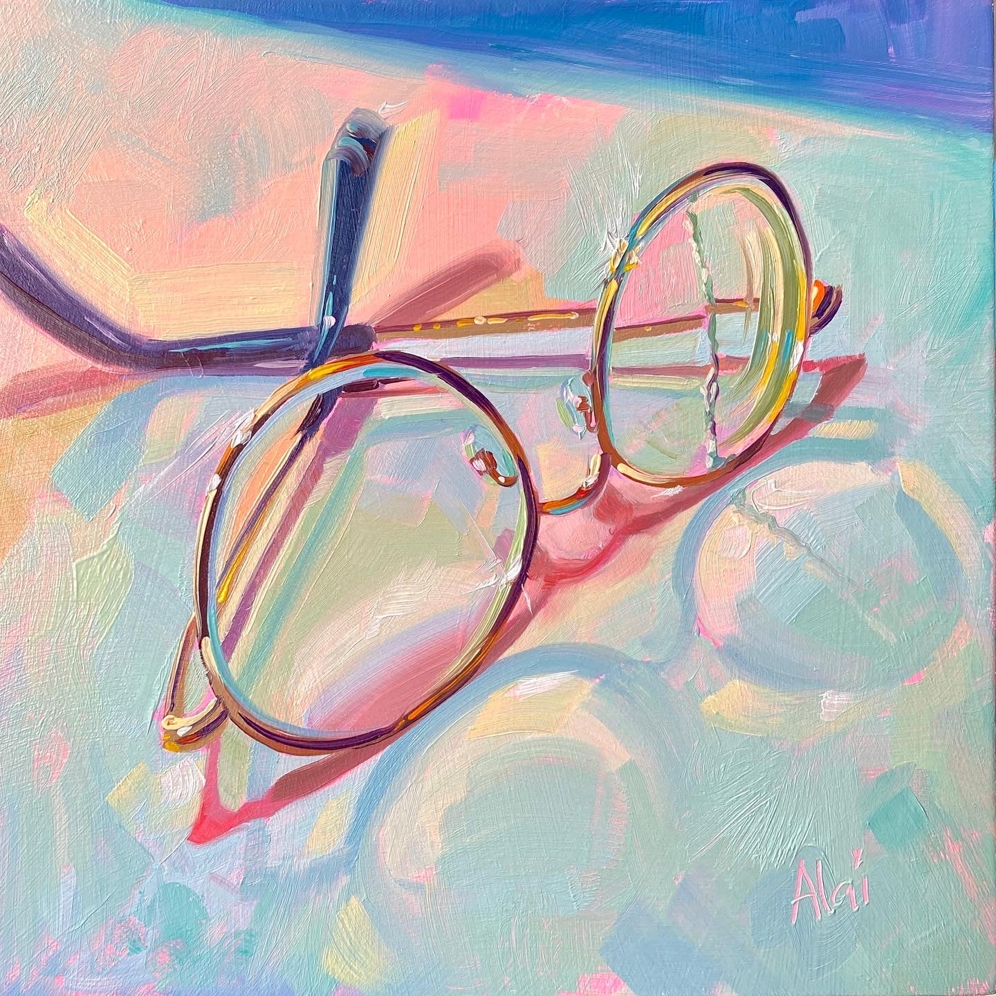 Original oil painting by Alai Ganuza titled "Broken glasses". A delicate pair of round, wire-rimmed eyeglasses with a broken arm resting on a pastel surface, casting vibrant pink shadows.