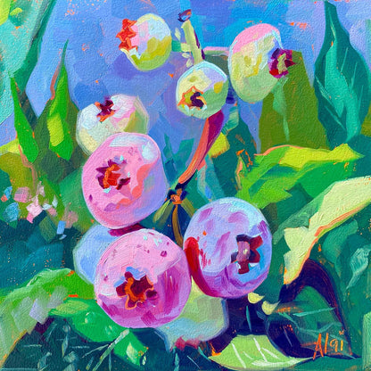 Original oil painting by Alai Ganuza titled "Definitely not Blueberries". A cluster of pale pink, soft purple, and whitish-green berries growing on a stem surrounded by vibrant green leaves, set against a bright blue background.